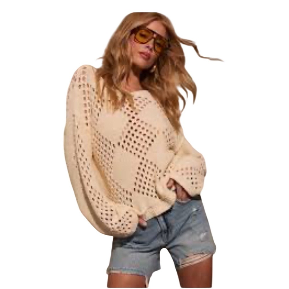 Vince Camuto Sweater Womens XL Diamond Pointelle Shell White EUC